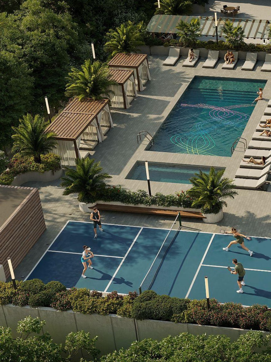 Rendering of the Seven Park pickleball court and pool deck