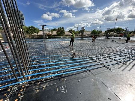 Reinforcing steel mat across the elevated deck
